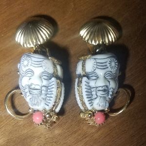 Selro Noh Mask Devil Warrior DOUBLE SIDED Large Clip Earrings - 1950's